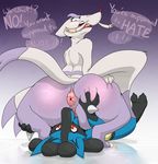  2016 ambiguous_gender anthro anus backsash blush butt canine dialogue digital_media_(artwork) duo english_text eyelashes female fur grabbing lucario lying mammal meinshao nintendo on_back open_mouth pok&eacute;mon red_eyes simple_background smile sweat teeth text tongue tongue_out video_games 