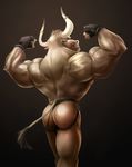  2014 anthro back_muscles biceps big_muscles biped black_bottomwear black_clothing black_underwear bovine brown_background brown_fur brown_tail buck_(evane) butt cattle clothed clothing digital_media_(artwork) evane fingerless_gloves flexing frostbiteposters fur gloves hi_res horn horn_ring jockstrap looking_at_viewer looking_back male mammal muscular muscular_male portrait rear_view shiny simple_background smile smirk snout solo standing tail_tuft tattoo three-quarter_portrait triceps tuft underwear white_horn 