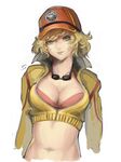  2016 blonde_hair breasts cidney_aurum cleavage cropped_jacket dated dirty_face final_fantasy final_fantasy_xv goggles goggles_around_neck green_eyes hat highres kumiko_shiba light_smile looking_at_viewer medium_breasts navel short_hair simple_background sketch smile solo white_background 