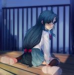  bad_id bad_pixiv_id balcony black_legwear blue_hair blue_skirt brown_eyes chidori_kaname city full_metal_panic! highres jindai_high_school_uniform kneehighs long_hair looking_at_viewer looking_back low-tied_long_hair on_floor pleated_skirt pyroute school_uniform sitting skirt solo very_long_hair wariza 