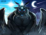  2016 black_fur black_skin blue_eyes blue_lips blush caprine chest_tuft cloud day demon female fur girly goat hi_res horn lips looking_at_viewer male mammal moon muscular night sky smile solo star sun tuft walter_sache wings 