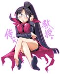  :o bare_legs black_footwear black_hair black_skirt breast_squeeze breasts coat cosplay crossed_legs disgaea glasses invisible_chair large_breasts long_hair looking_at_viewer miniskirt open_mouth ponytail professor_(disgaea) professor_(disgaea)_(cosplay) red_eyes red_shirt ronin_(disgaea) shirt shoes sitting skirt solo takura_mahiro white_background wide_ponytail 