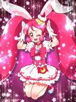  ;d animal_ears bow bunny_ears cake_hair_ornament choker cure_whip dress extra_ears food food_themed_hair_ornament food_themed_ornament fruit full_body gloves hair_ornament jumping kirakira_precure_a_la_mode long_hair magical_girl one_eye_closed open_mouth pink pink_background pink_bow pink_choker pink_eyes pink_footwear pink_hair precure shoes smile solo star strawberry tj-type1 twintails usami_ichika white_dress white_gloves 