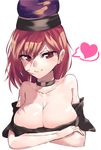  asuzemu bare_shoulders black_shirt breasts cleavage collar collarbone crossed_arms heart hecatia_lapislazuli large_breasts long_hair looking_at_viewer no_bra off-shoulder_shirt off_shoulder polos_crown red_eyes red_hair shirt simple_background sketch smile solo t-shirt touhou upper_body white_background 
