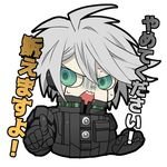  ahoge android danganronpa green_eyes keebo male_focus new_danganronpa_v3 pointing pointing_at_viewer power_armor silver_hair solo sweat tankensya transparent_background upper_body 