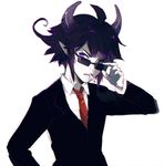  1boy adjusting_glasses cigarette demon formal glasses glasses_(sutare_yume) highres horns male_focus necktie pointy_ears purple_eyes shirt smoking suit sunglasses sutare_yume theuselesstoe white_shirt 