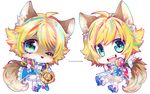  animal_ears blonde_hair blue_eyes chibi dual_persona full_body headphones highlights male_focus multicolored_hair one_eye_closed open_mouth sebychu show_by_rock!! shu_zo_(show_by_rock!!) smile star tail transparent_background 