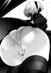  anus anus_peek ass backless_outfit black_dress black_legwear blindfold breasts cameltoe cowboy_shot dress from_behind from_below greyscale hairband long_sleeves medium_breasts monochrome namidame nier_(series) nier_automata panties pantyshot pantyshot_(standing) partially_visible_anus short_hair simple_background solo standing thick_thighs thighhighs thighs underwear upskirt weapon wedgie white_background wind wind_lift yorha_no._2_type_b 