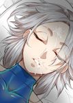  close-up closed_eyes collarbone dutch_angle eyebrows_visible_through_hair eyelashes eyes_visible_through_hair face facing_viewer highres izayoi_sakuya lips parted_lips portrait silver_hair sleeveless solo suggestive_fluid tajima_yuuki touhou 