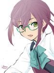  2016 4suke aqua_bow aqua_neckwear artist_name bangs blush bow bowtie collared_shirt crossed_bangs dated eyebrows_visible_through_hair flat_chest glasses green-framed_eyewear green_eyes hair_between_eyes hair_intakes kantai_collection long_sleeves looking_away looking_to_the_side multicolored_hair okinami_(kantai_collection) open_mouth pink_hair purple_hair purple_vest school_uniform shirt short_hair sidelocks simple_background solo strap upper_body vest white_background white_shirt 