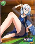  1girl blue_eyes blue_hair krulcifer_einfolk long_hair panties pool_table saijaku_muhai_no_bahamut small_breasts upskirt upskirt_(sitting) 