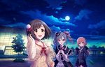  3girls blush brown_hair dress green_eyes idolmaster idolmaster_cinderella_girls idolmaster_cinderella_girls_starlight_stage kanzaki_ranko maekawa_miku multiple_girls night ninomiya_asuka short_hair smile 