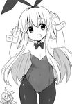  amae_koromo animal_ears ass_visible_through_thighs bow bowtie bunny_ears bunny_pose bunnysuit covered_navel detached_collar flat_chest greyscale long_hair looking_at_viewer monochrome multiple_girls open_mouth pantyhose ryuumonbuchi_touka saki shisoneri solo_focus standing wrist_cuffs 