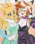  breast_squish breasts camera cheerful collar daigaijin digimon feline female female/female gothic_lolita kidrena lolita_(fashion) looking_at_viewer lynx mammal pose renamon shy smile teenager traditional_media_(artwork) young zaire_(nightdancer) 