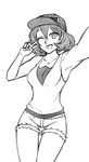  1girl ;) armpits arms_up bare_shoulders breasts cameltoe camera cap cellphone_camera cropped_legs denim one_eye_closed open_mouth pokemon pokemon_sm selfie short_shorts shorts sina_(pokemon) smile solo sunglasses_on_head tank_top twrlare v winking 