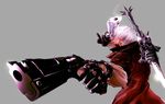  artist_request coat dante_(devil_may_cry) devil_may_cry devil_may_cry_4 grey_background gun highres male_focus red_coat simple_background solo sword weapon white_hair 