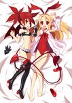  absurdres bare_legs barefoot belt blonde_hair boots demon_tail disgaea etna flat_chest flonne flonne_(fallen_angel) gloves gloves_removed highres leotard long_hair looking_at_viewer lying makai_senki_disgaea multiple_girls navel on_back red_eyes red_hair red_leotard tail thigh_boots thighhighs twintails xiaowei_(xxx29042536) 