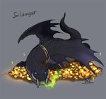  dragon feral glowing glowing_eyes hoard jewelry looking_at_viewer lying magic_the_gathering membranous_wings on_front quadruped scalie sharp_fangs signature silumgar spread_wings wings zaebos 