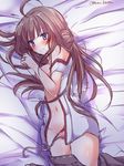  bare_shoulders blue_eyes blush brown_hair grabbing kantai_collection kongou_(kantai_collection) long_hair lying nanoha-h no_headwear nontraditional_miko on_side open_clothes open_shirt panties shirt side-tie_panties skirt skirt_pull smile solo underwear untied untied_panties unzipped 
