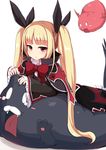  blazblue blonde_hair blush_stickers bow cat demon_wings dress ear_pull fangs frown gii gothic_lolita hair_ribbon highres lolita_fashion long_hair looking_at_viewer lying nago ocha_(ochappie) on_stomach open_mouth rachel_alucard red_bow red_eyes ribbon shadow tears twintails wide_sleeves wings 