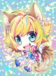  animal_ears blonde_hair blue_eyes cat_ears chibi headphones highlights male_focus multicolored_hair sebychu show_by_rock!! shu_zo_(show_by_rock!!) solo star tail 