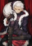  absurdres alternate_costume archer belt_collar black_gloves black_santa_costume boots commentary_request curtains dark_persona dark_skin dark_skinned_male fate/grand_order fate/stay_night fate_(series) fur_coat fur_trim gloves hat highres male_focus partial_commentary rabbitseijin red_earrings sack santa_costume santa_hat solo white_hair yellow_eyes 