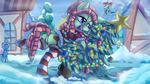  2016 building christmas christmas_tree city clothed clothing cutie_mark detailed_background dock duo earth_pony equine female feral friendship_is_magic fur green_fur hair hat holidays horse house hug legwear mammal multicolored_hair my_little_pony outside pirill-poveniy pony purple_eyes smile snow socks thediscorded tree tree_hugger_(mlp) two_tone_hair winter 