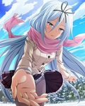  1girl blue_eyes blue_hair hair_ribbon krulcifer_einfolk long_hair panties saijaku_muhai_no_bahamut scarf small_breasts 