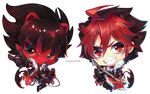  animal_ears black_hair chibi crow_(show_by_rock!!) dual_persona full_body guitar instrument male_focus microphone multicolored_hair red_eyes red_hair sebychu show_by_rock!! solo tail transparent_background two-tone_hair 