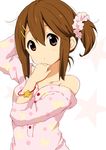  alternate_hairstyle arm_behind_head bracelet hair_between_eyes hair_ornament hair_scrunchie hairclip hand_up hirasawa_yui jewelry k-on! looking_at_viewer official_style ragho_no_erika scrunchie shirt_slip side_ponytail sleepwear solo star starry_background upper_body white_background 