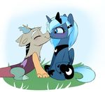  2016 antlers blue_eyes blue_feathers blue_fur blue_hair blush crown discord_(mlp) draconequus duo equine eyes_closed feathered_wings feathers female feral friendship_is_magic fur hair horn jewelry lunacordlover male mammal my_little_pony necklace princess_luna_(mlp) simple_background white_background winged_unicorn wings young 