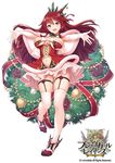  ass_visible_through_thighs bow brave_girl_ravens breasts capelet christmas cleavage elbow_gloves f-cla full_body gloves highres large_breasts long_hair looking_at_viewer navel navel_cutout official_art outstretched_arms pinecone red_eyes red_hair red_ribbon ribbon shoes skirt smile solo spread_arms standing standing_on_one_leg thigh_strap thighhighs velvet_falteus white_bow white_gloves white_legwear white_skirt wreath 