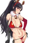  antlers bell bell_collar bikini biting black_hair blush breasts christmas cleavage collar commentary_request contrapposto cowboy_shot cross_ange elbow_gloves fur_collar gloves hand_on_hip jill_(cross_ange) large_breasts lip_biting lipstick long_hair looking_at_viewer makeup mechanical_arm navel ponytail red_bikini reindeer_antlers shiny shiny_hair shiny_skin side-tie_bikini simple_background single_elbow_glove single_glove solo standing swimsuit teeth tenchisouha thighhighs underboob white_background 