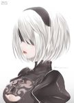  black_dress blindfold breasts character_name cleavage dress hairband lips lipstick makeup medium_breasts mole mole_under_mouth mudou_eichi nier_(series) nier_automata parted_lips puffy_sleeves red_lipstick short_hair solo twitter_username upper_body white_hair yorha_no._2_type_b 