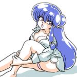  bangs blue_hair breasts cleavage dress_shirt from_side hair_ornament leg_hug long_hair looking_back looking_to_the_side medium_breasts no_pants open_mouth panties pantyshot pantyshot_(sitting) purple_eyes ranma_1/2 shadow shampoo_(ranma_1/2) shirt simple_background sitting sleeves_rolled_up solo underwear wanta_(futoshi) white_background white_panties white_shirt 