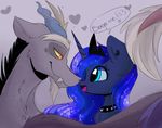  2016 antlers blue_eyes blue_fur blue_hair crown discord_(mlp) draconequus duo english_text equine eye_contact female feral friendship_is_magic fur grey_background hair horn jewelry lunacordlover male mammal my_little_pony necklace princess_luna_(mlp) red_eyes simple_background text unicorn yellow_sclera 