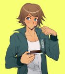  asahina_yuuta blue_eyes brown_hair danganronpa eating jacket male_focus plate remireiha simple_background solo spoon track_jacket yellow_background zettai_zetsubou_shoujo 