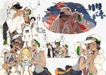  2girls baseball_cap black_hair blonde_hair burnet_(pokemon) carrying closed_eyes clothes_around_waist couple dark_skin dark_skinned_male eyewear_on_head gen_1_pokemon gen_7_pokemon guzma_(pokemon) hat hetero holding_hands husband_and_wife jewelry kukui_(pokemon) labcoat lillie_(pokemon) long_hair magnemite multiple_boys multiple_girls open_clothes pokemon pokemon_(creature) pokemon_(game) pokemon_sm ring rockruff senpuuki_(lince0713) sleeveless smile sunglasses tank_top translation_request wedding_band white_hair 