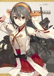  2015 artist_name bangs bare_shoulders breasts brown_background eyebrows_visible_through_hair frills grey_hair hair_between_eyes hair_ornament hairclip hands_up haruna_(kantai_collection) headgear highres kantai_collection konishi_(koconatu) long_hair looking_at_viewer machinery medium_breasts nontraditional_miko official_art open_mouth orange_eyes red_skirt remodel_(kantai_collection) sarashi scan searchlight simple_background skirt solo text_focus thighhighs turret zettai_ryouiki 
