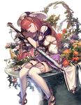  bangs blue_eyes branch breasts brown_hair commentary_request dutch_angle fantasy feathers flower gauntlets gloves hat holding holding_sword holding_weapon lace lace-trimmed_skirt looking_at_viewer medium_breasts orange_flower overgrown plant purple_flower purple_skirt red_flower sheath sheathed shingeki_no_bahamut shoes sideboob simple_background single_gauntlet sitting skirt solo supertie sword thighhighs thighs weapon white_background white_flower white_legwear 