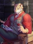  alcohol anthro beverage book feline fur looking_at_viewer male mammal muscular raccoon21 sitting solo tiger wine 