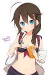  ahoge alcohol artist_name backpack bag beer bikini black_bikini blue_eyes blush braid breasts brown_hair clothes_pull collarbone dated hair_flaps hair_ornament hair_over_shoulder hair_ribbon holding hose kantai_collection long_hair looking_at_viewer medium_breasts midriff navel ragho_no_erika randoseru remodel_(kantai_collection) ribbon shigure_(kantai_collection) signature single_braid smile solo sweater sweater_pull swimsuit tress_ribbon upper_body 