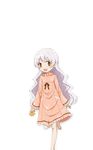  :d bangs barefoot brown_eyes collar frilled_collar frilled_sleeves frills hair_down highres kinfuji long_sleeves looking_at_viewer mahou_shoujo_madoka_magica momoe_nagisa nightgown open_mouth scrunchie simple_background smile solo standing standing_on_one_leg wavy_hair white_background white_hair 