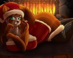 2016 anthro brown_hair butt cheezayballz christmas clothed clothing female fire fireplace green_eyes hair hat holidays inside legwear long_hair looking_at_viewer lying mammal red_panda santa_hat solo 