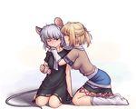 animal_ears arm_warmers blonde_hair blush breasts closed_eyes collarbone cup dress drunk grey_hair half_updo hater_(hatater) holding holding_cup hug kneeling medium_breasts mizuhashi_parsee mouse_ears mouse_tail multiple_girls nazrin one_eye_closed pointy_ears red_eyes short_hair simple_background tail touhou white_background yuri 