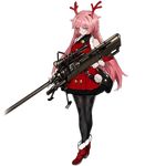  alternate_costume ankle_boots anti-materiel_rifle antlers bag bare_shoulders bipod black_legwear boots buttons christmas closed_mouth collared_shirt detached_sleeves eyebrows eyebrows_visible_through_hair full_body fur-trimmed_dress fur-trimmed_sleeves fur_trim girls_frontline gun hair_over_shoulder hairband holding holding_gun holding_weapon left-handed long_hair long_sleeves looking_at_viewer nose ntw-20 ntw-20_(girls_frontline) official_art pantyhose pink_eyes pink_hair ran_(pixiv2957827) reindeer_antlers rifle scope shirt sniper_rifle solo standing transparent_background trigger_discipline very_long_hair weapon 