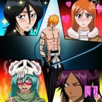  1boy 4girls bleach condom finger inoue_orihime kuchiki_rukia kurosaki_ichigo multiple_girls nelliel_tu_odelschwanck shihouin_yoruichi sword 