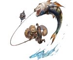  beard boots brown_hair facial_hair fish fishing_rod full_body gloves granblue_fantasy harvin hat male_focus minaba_hideo mustache official_art open_mouth pointy_ears solo teeth transparent_background water yodarha_(granblue_fantasy) 