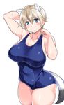  adjusting_clothes adjusting_swimsuit animal_ears arm_up armpits bangs blue_eyes blue_swimsuit blush brave_witches breasts breasts_apart cleavage closed_mouth collarbone cowboy_shot embarrassed eyebrows_visible_through_hair hair_between_eyes hand_behind_head hand_up kuronyan large_breasts legs_together looking_at_viewer nikka_edvardine_katajainen old_school_swimsuit one-piece_swimsuit parted_bangs plump raised_eyebrows school_swimsuit short_hair sideboob silver_hair simple_background solo standing strap_lift strike_witches swimsuit tail taut_clothes thick_thighs thighs weasel_ears weasel_tail wet wet_clothes wet_hair white_background world_witches_series 