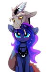  2016 alpha_channel antlers blue_eyes blue_fur blue_hair crown discord_(mlp) draconequus duo equine female feral friendship_is_magic fur hair horn hug jewelry lunacordlover male mammal my_little_pony necklace princess_luna_(mlp) red_eyes simple_background transparent_background unicorn yellow_sclera 